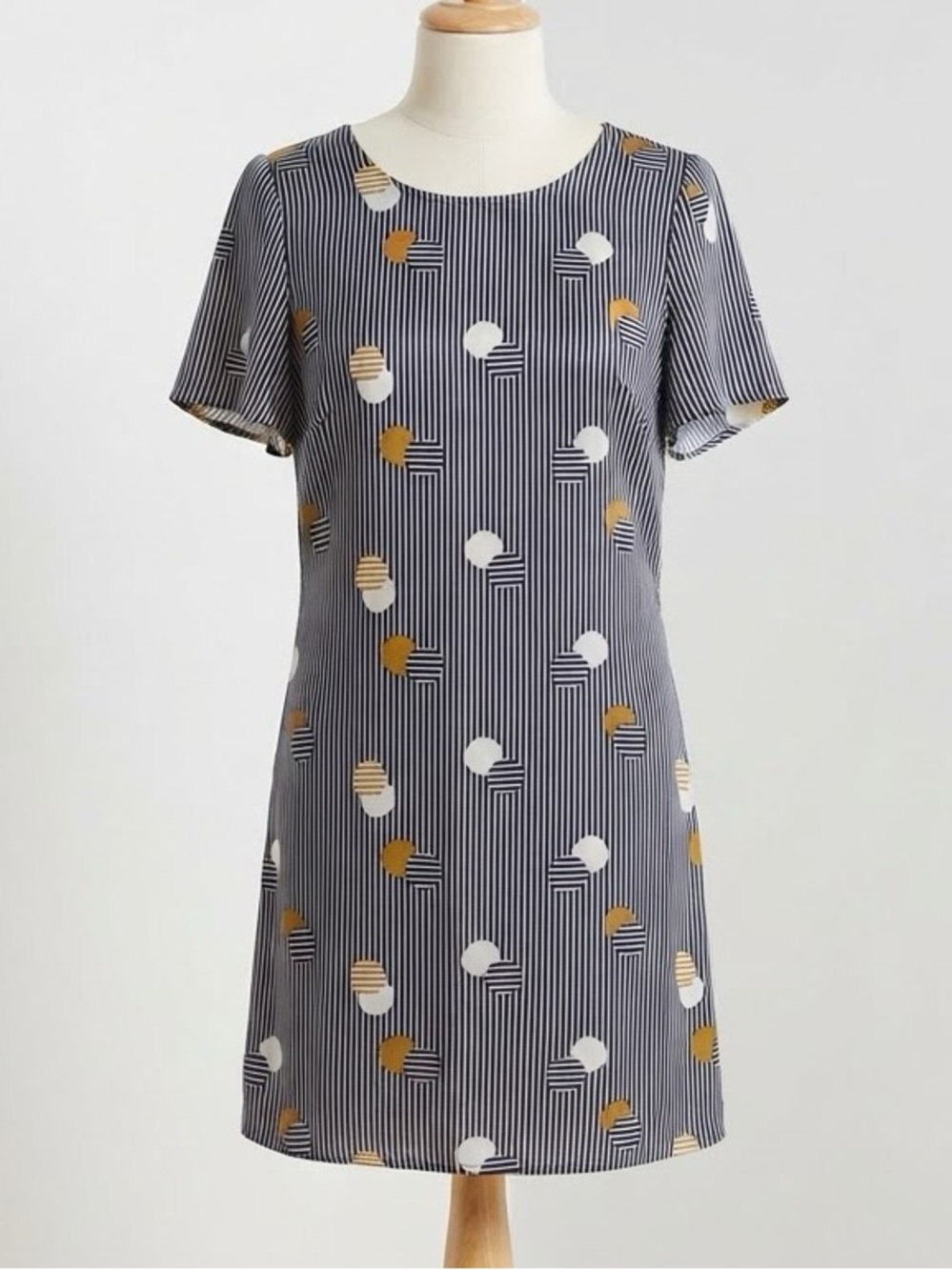 Modcloth| mei Navy Striped Silky Mini Dress w/Mustard & White Circles Sz M